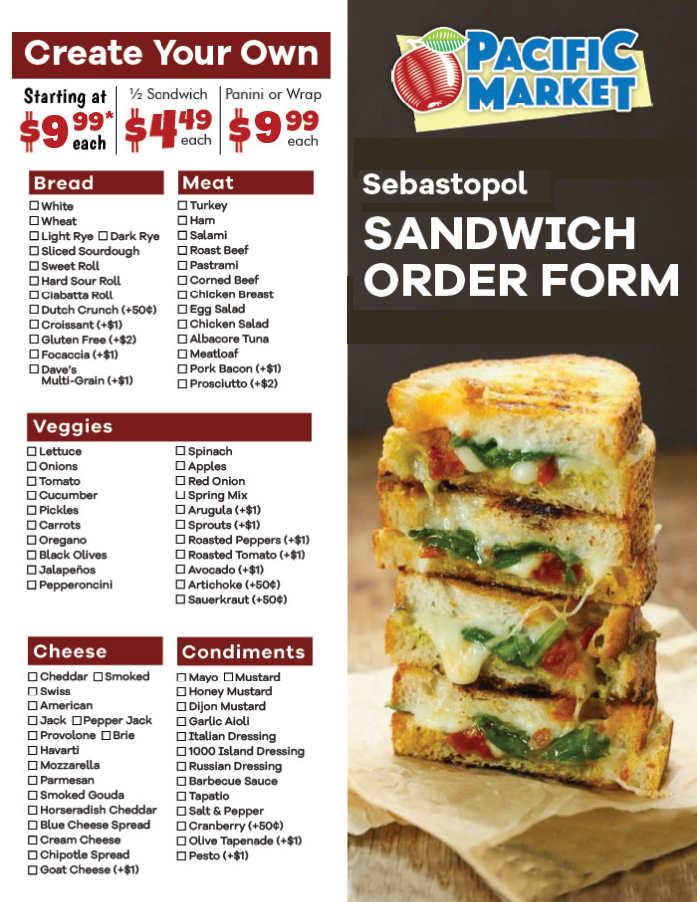 Sebastopol Sandwich Menu